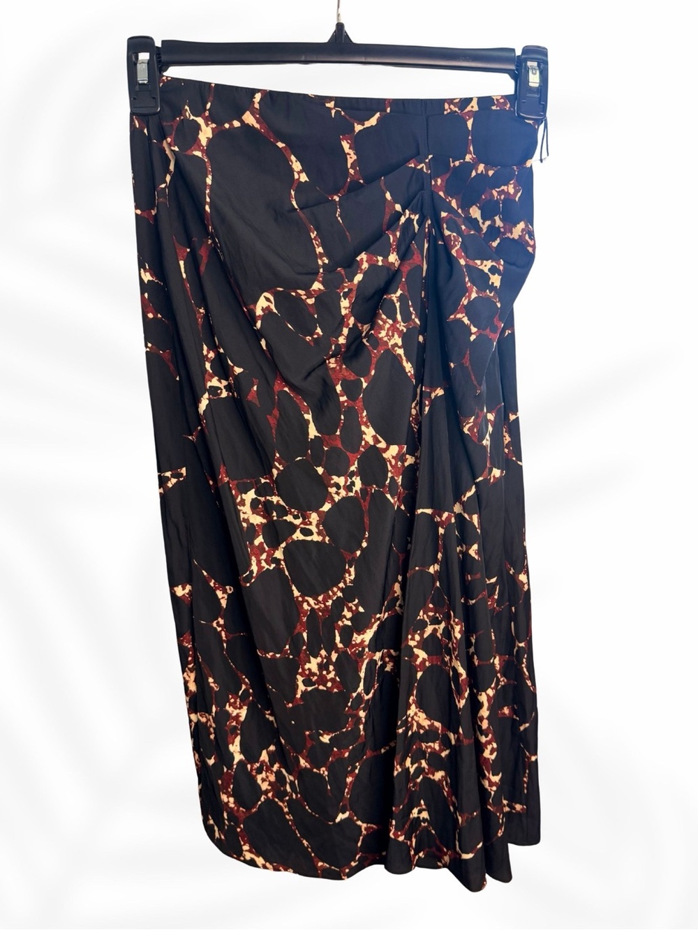 ba&sh Printed Midi Skirt Black Red Abstract Draped Ruched Skirt Size 1